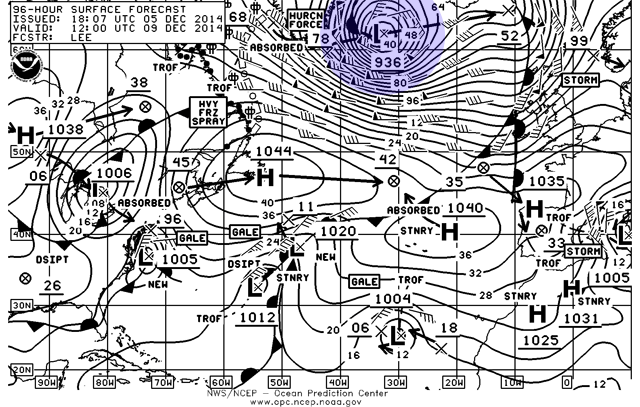 Análisis de superficie sobre el Atlántico Norte previsto para el 9 de diciembre 2014, 12 UTC. Crédito: OPC.