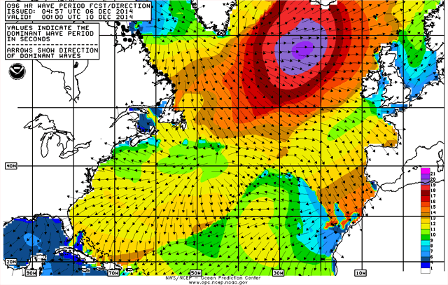 Periodo de ola y dirección del oleaje, previsión 9 diciembre 2014, 12 UTC. Crédito: OPC.