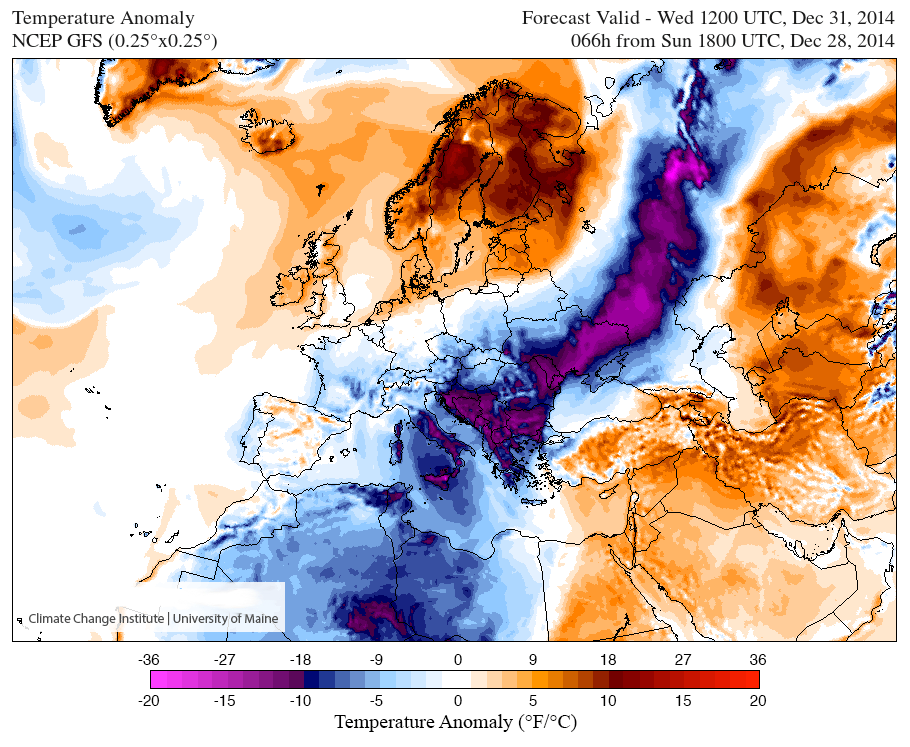 Anomalía de temperaturas en superficie, NCEP - GFS, 31 diciembre 2014, 12 UTC.