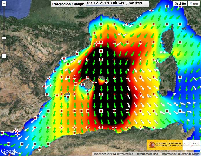 Predicción de oleaje, mañana a las 18 UTC. Crédito: Puertos del Estado.