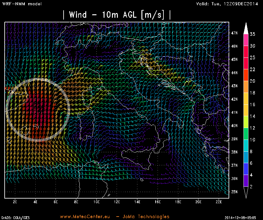 Vientos a 10 m., previstos para 9 diciembre 2014, 12 UTC.