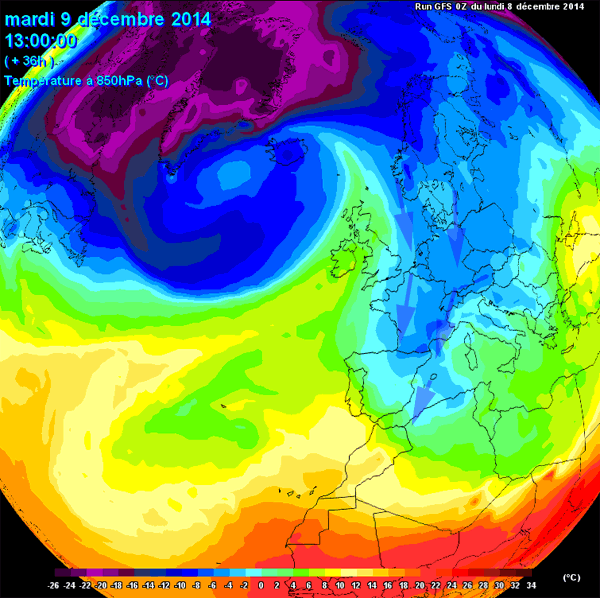 Temperatura a 850 hPa, prevista para 9 diciembre 2014, 12 UTC. Modelo GFS.