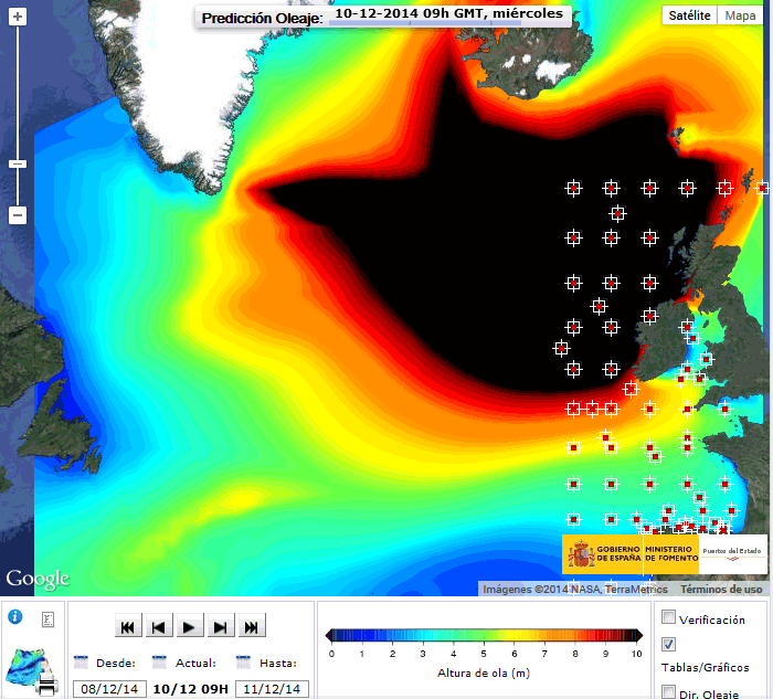 Predicción de oleaje, 10 diciembre 2014, 09 UTC. Crédito: Puertos del Estado.