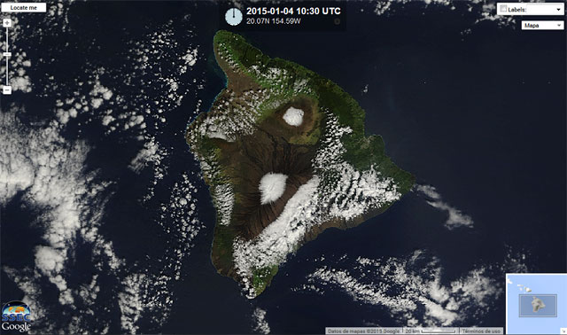 Imagen visible y alta resolución, nieve en los volcanes más altos de Hawái. MODIS. Crédito: CIMSS.
