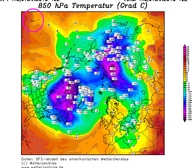 Temperatura a 850 hPa, modelo GFS, 2 enero 2015.
