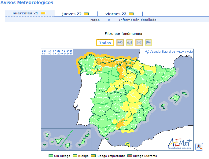 Mapa de avisos por Fenómenos Meteorológicos Adversos, hoy y mañana.
