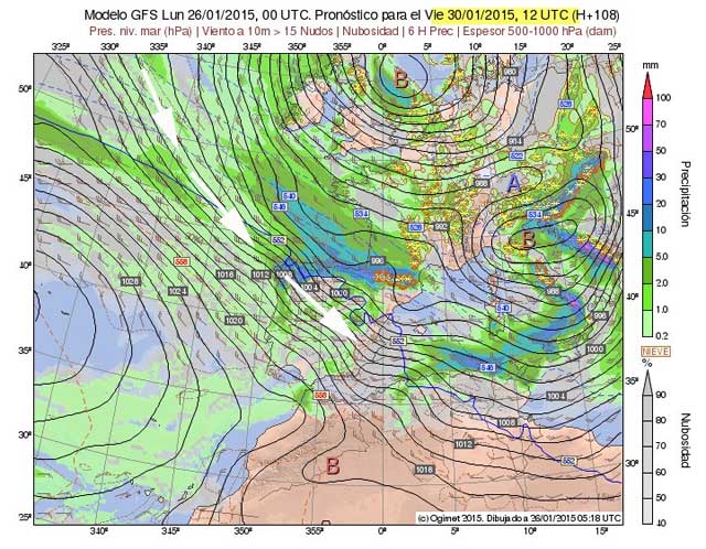 Presión en superficie (negro), viento > 15 nudos (barbas) y precipitación 6H, previsión modelo GFS, previsión 30 enero 2015, 12 UTC.