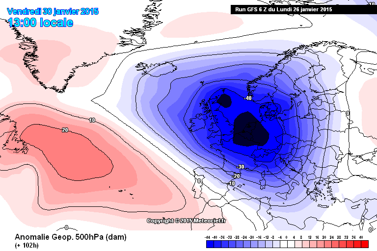 Anomalías de altura geopotencial de 500 hPa, previstas para el 30 enero 2015, 12 UTC. Modelo IFS.