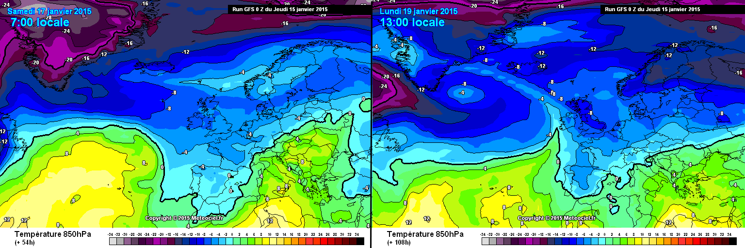 Temperaturas a 850 hPa, según modelo GFS, para los días 17 y 19 de enero (ver leyenda en imagen).