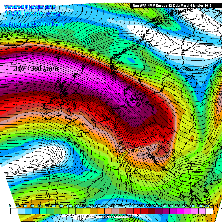 Líneas de flujo y velocidad del viento asociados al chorro polar. Previsión 9 enero 2015, 12 UTC. Modelo WRF - NMM.