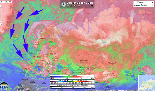 Imagen infrarroja y falso color RGB, 30 enero 2015, 16 UTC. Crédito: RealEarth SSEC..