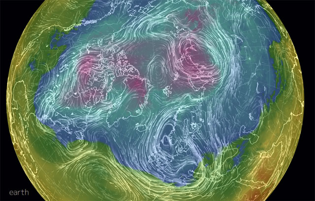 850 hPa: temperatura y vientos, modelo GFS, 30 enero 2015, 15 UTC.