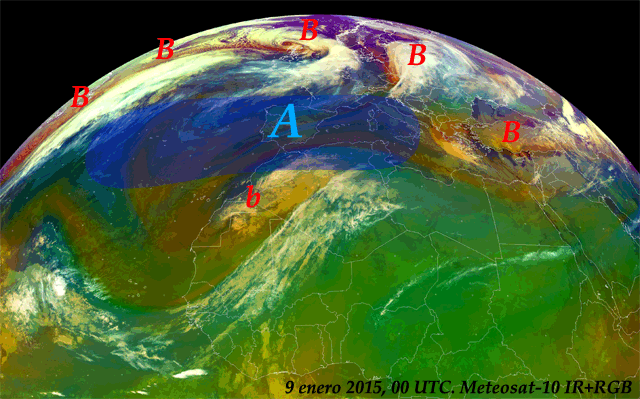 Imagen infrarroja y falso color RGB, modo masas de aire. Satélite Meteosat 10, 9 enero 2015, 00 UTC. Crédito: EUMETSAT.