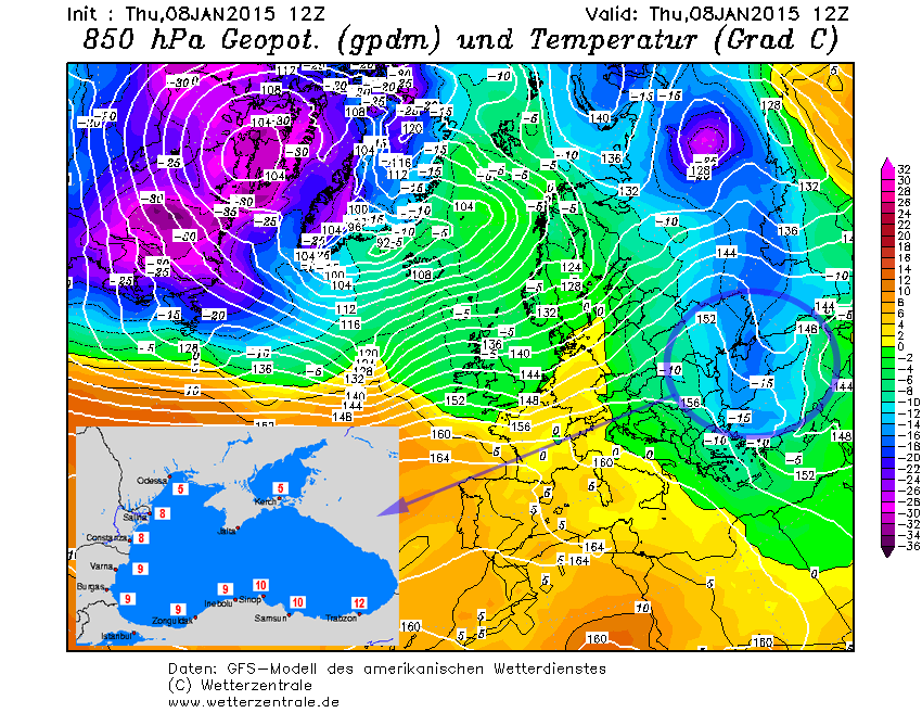 Temperaturas a 850 hPa, según el modelo GFS, 8 enero 2015, 12 UTC.
