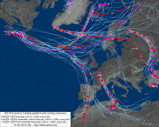 Mapa de seguimiento de ciclones a 500 hPa. Modelo probabilístico NCEP-GEFS, de 0 a +120H.