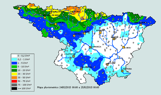 PRecipitaciones acumuladas en 24 horas, 25, 26 y 27 de febrero. Crédito: SAIH Ebro.