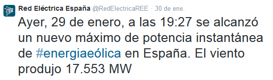 Twit de REE anunciando la producción récord de Energía Eólica.
