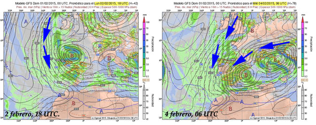 Presión en superficie (negro), viento > 15 nudos (barbas) y precipitación 6H, previsión modelo GFS, previsión 2 y 4 febrero 2015