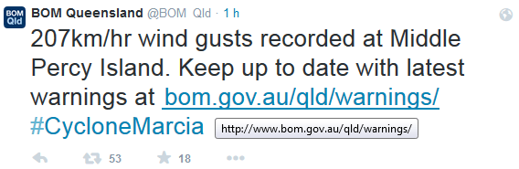 Twit del BOM informando de los vientos tan intensos, 19 de febrero.
