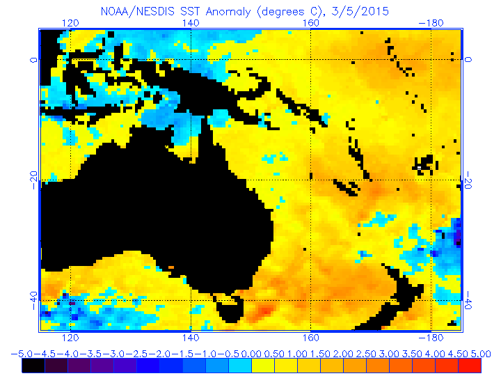 Anomalías de temperatura de las aguas superificiales en el área, 5 marzo 2015.