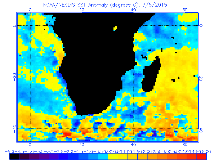 Anomalias de temperatura de las aguas superficiales del área considerada, 5 marzo 2015.