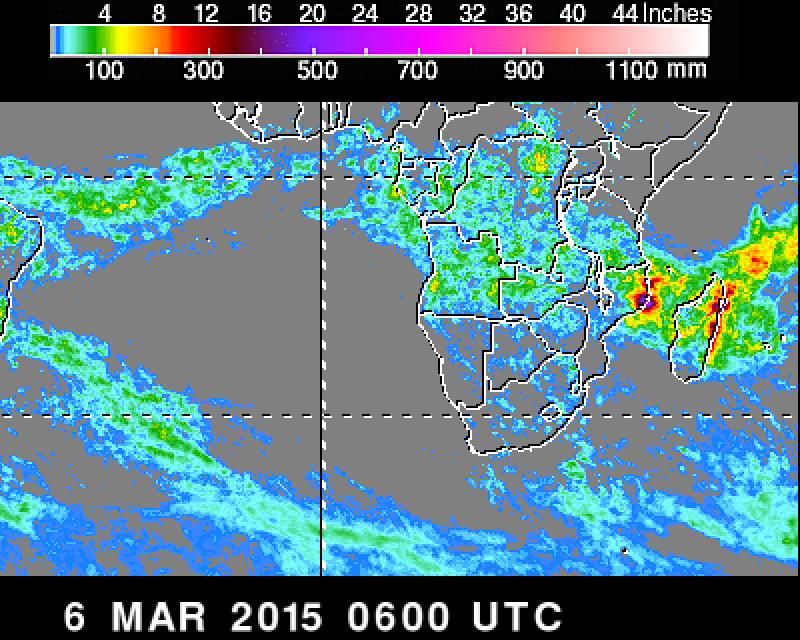 Precipitación acumulada estimada últimos 7 días según satélite TRMM. Crédito: NASA.