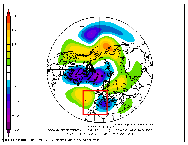 Anomalía de geopotencial de 500 hPa últimos 30 días. Crédito: NOAA.