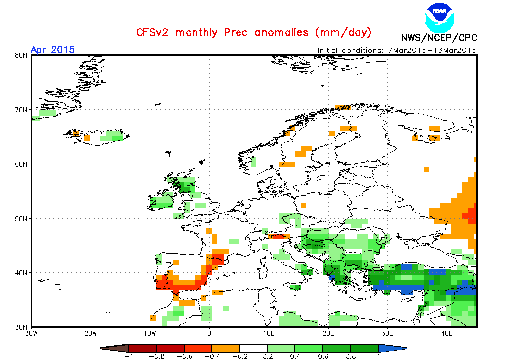Previsiones del modelo climático CFS sobre el comportamiento pluviométrico del mes de abril.