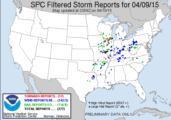 Reportes de Tormentas Filtrados, 9 abril 2015, Centro de Predicción de Tormentas del NOAA.