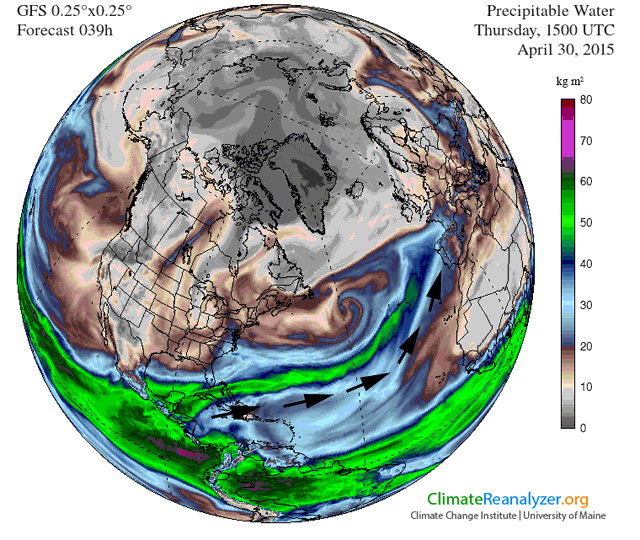 Agua Precipitable, previsión para el 30 abril 2015, 15 UTC.