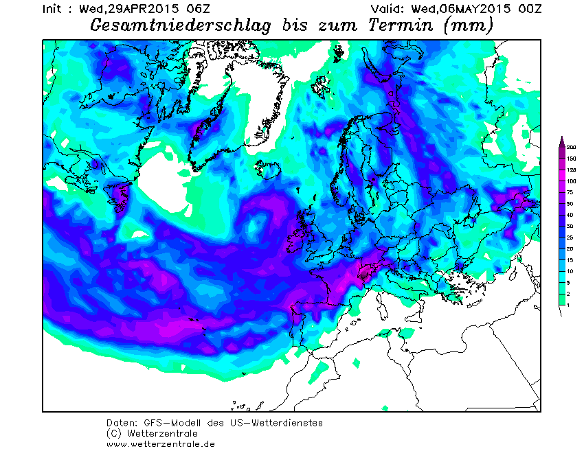 Precipitaciones acumuladas desde hoy hasta el 6 mayo 2015, 00 UTC. Modelo GFS.