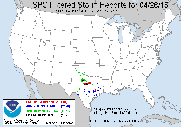 Reportes de Tormentas Filtrados, 26 abril 2015, Centro de Predicción de Tormentas del NOAA.