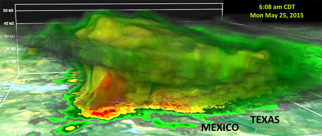 Recreación tridimensional de la tormenta en base a los datos de radar.
