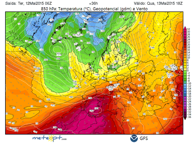 850 hPa: geopotencial (trazo blanco), temperatura (colores) y viento (vectores). Modelo GFS, previsión miércoles 13 mayo 2015, 18 UTC.