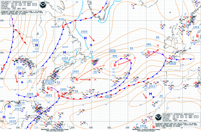 Análisis de superficie sobre el Atlántico Norte análisis 1 mayo 2015, 06 UTC. Crédito: OPC.