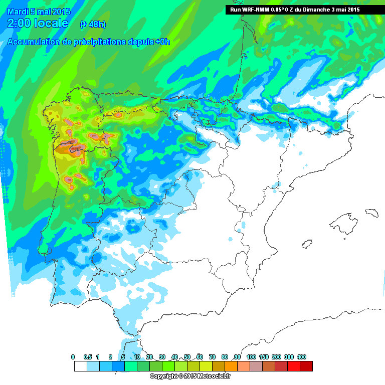 Precipitación acumulada según el modelo WRF en las próximas 48 horas.