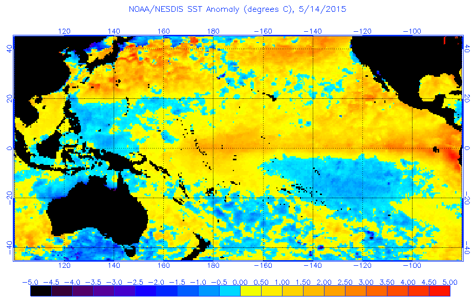 Anomalías de temperatura de las aguas superificiales en el Pacífico, 14 mayo 2015.