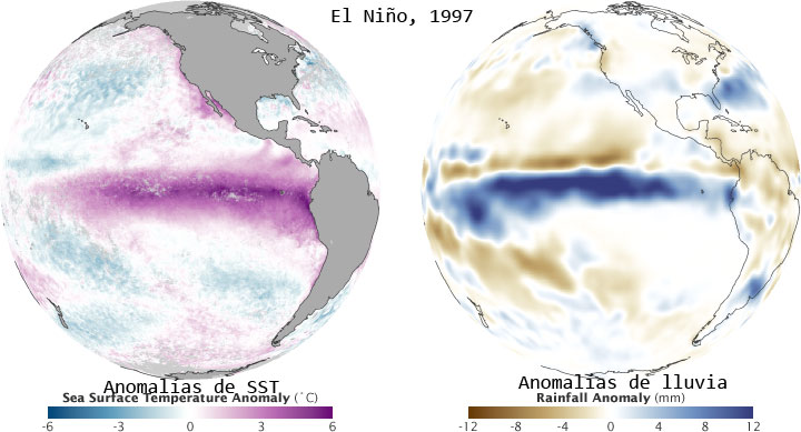Anomalías de SST y de lluvia durante El Niño de 1997. Crédito: NASA.