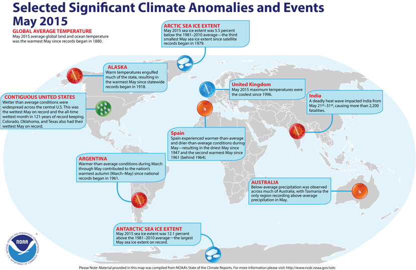 Eventos y anomalías climáticas más significativas del mes de mayo de 2015 a nivel global.