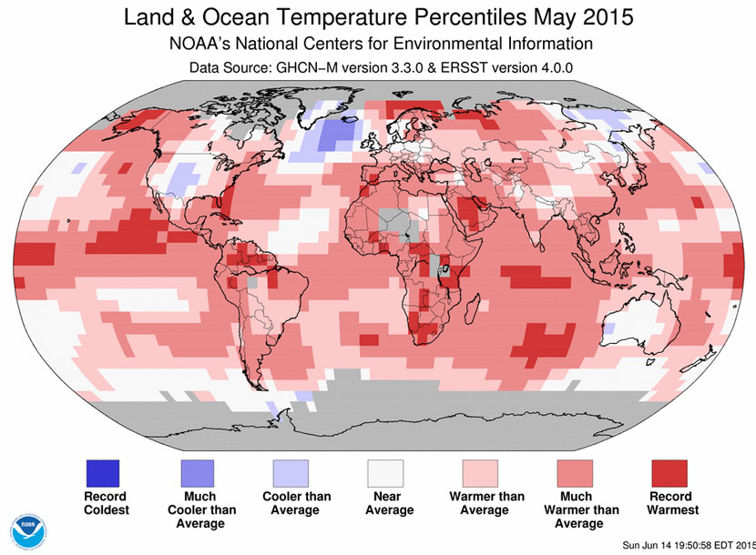 Anomalías de temperatura superficial sobre tierra y océanos de este mayo 2015 a nivel global.