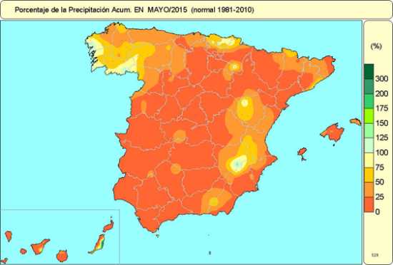Anomalía de precipitaciones en España. Mayo de 2015