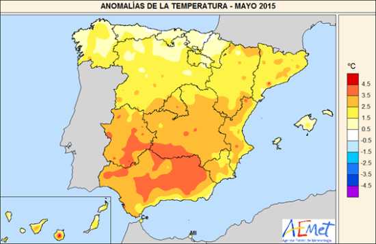 Anomalías de temperatura en España. Mayo de 2015