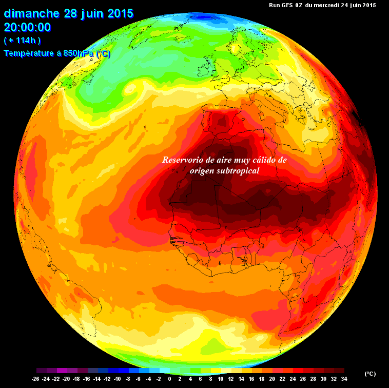 Temperatura a 850 hPa, según modelo GFS, previsión para 28 de junio de 2015, 18 UTC.