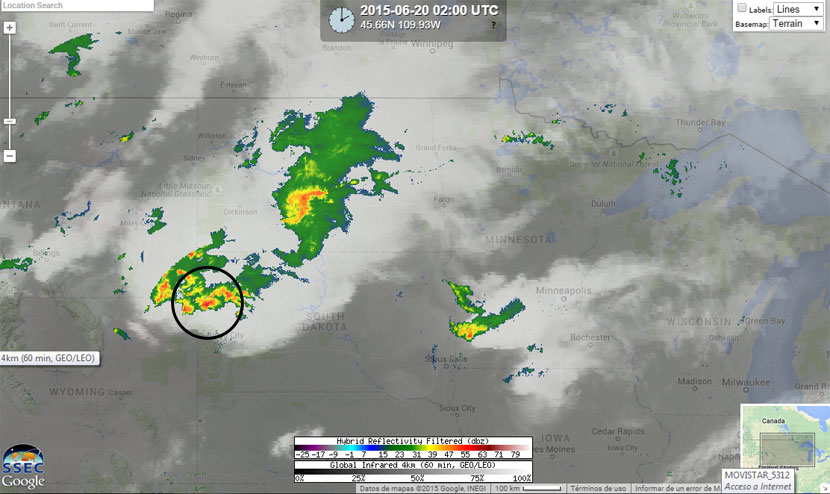 Combinación imagen infrarroja y reflectividad de radar, 20 de junio 2015, 02 UTC. Inicios del Complejo Convectivo de Mesoescala y supercélula oeste Dakota del Sur.