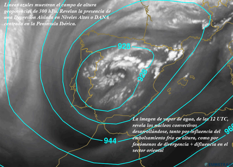 15 junio 2015, 12 UTC: imagen de vapor de agua y geopotencial de 300 hPa. Crédito: Eumetrain.