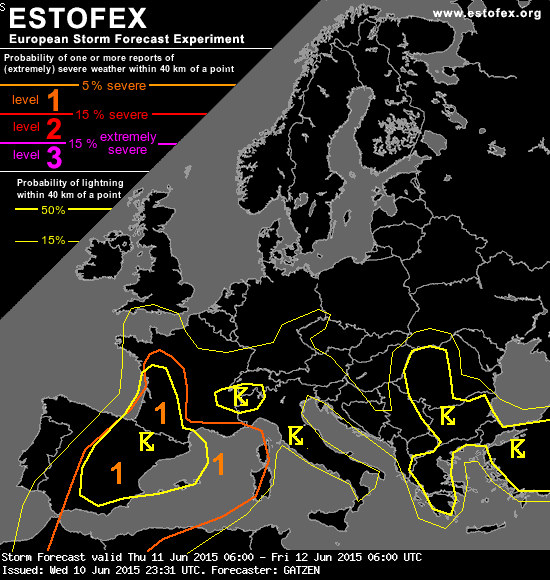 Probabilidad de fenómenos severos asociados a tormentas, 11 junio 2015. Crédito: ESTOFEX.