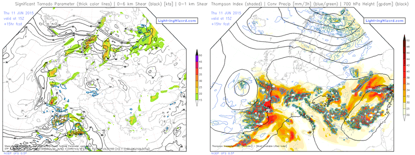 Comparativa entre cizalladura e inestabilidad en forma de previsión de lluvia. Modelo GFS, previsión para hoy 11 de junio de 2015, a las 15 UTC.