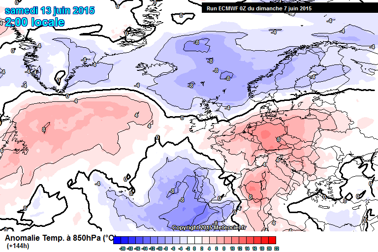 Anomalía de temperatura al nivel de 850 hPa, según IFS. Previsión 13 junio 2015, 00 UTC.
