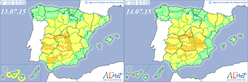 Avisos por altas temperaturas (excepto costeros en Canarias) previstos para mañana y pasado.