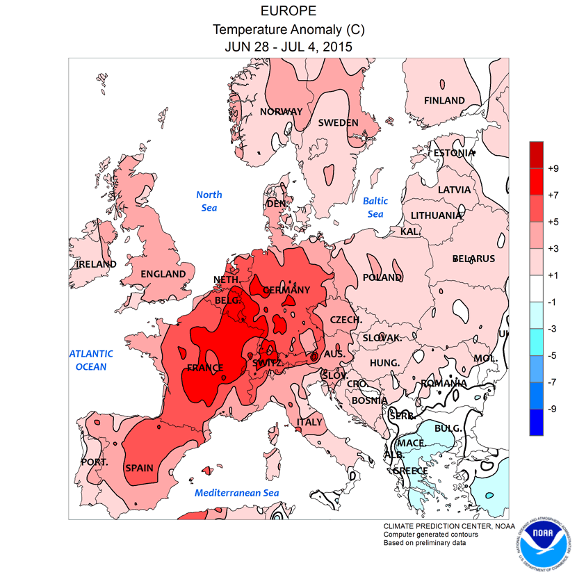 Anomalía de las temperaturas para el periodo 28 de junio - 4 de julio.